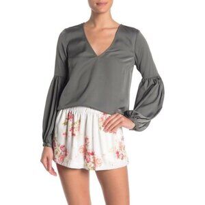 Revolve L'Academie Maya Blouse Olive Green V-Neck Long Sleeve Size XS